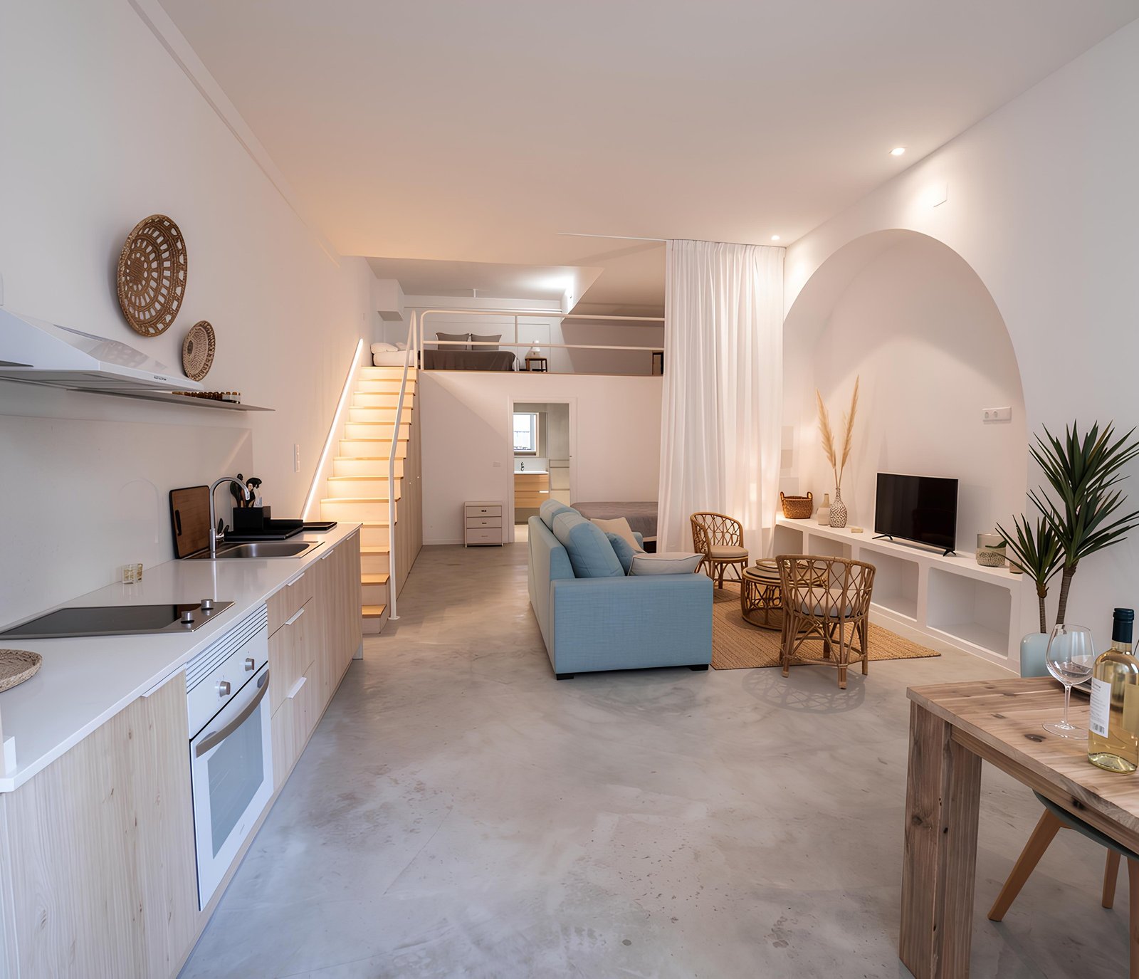 Salón y cocina del Maravilloso Loft con altillo y mucha luz natural